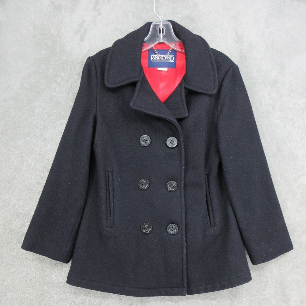 Vintage Lands End Pea Coat Womens Size M Navy Blue Wool Double Breasted Anchor
